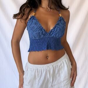 Y2K Cotton Collection Blue Embroidered Crochet Halter Crop Top Size Large